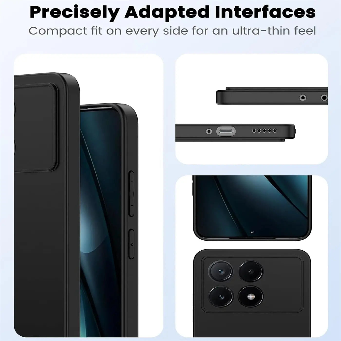 Schwarze Silikonhülle für Xiaomi Poco F6 Pro, Seitenansicht und Rückseite mit Kamera.