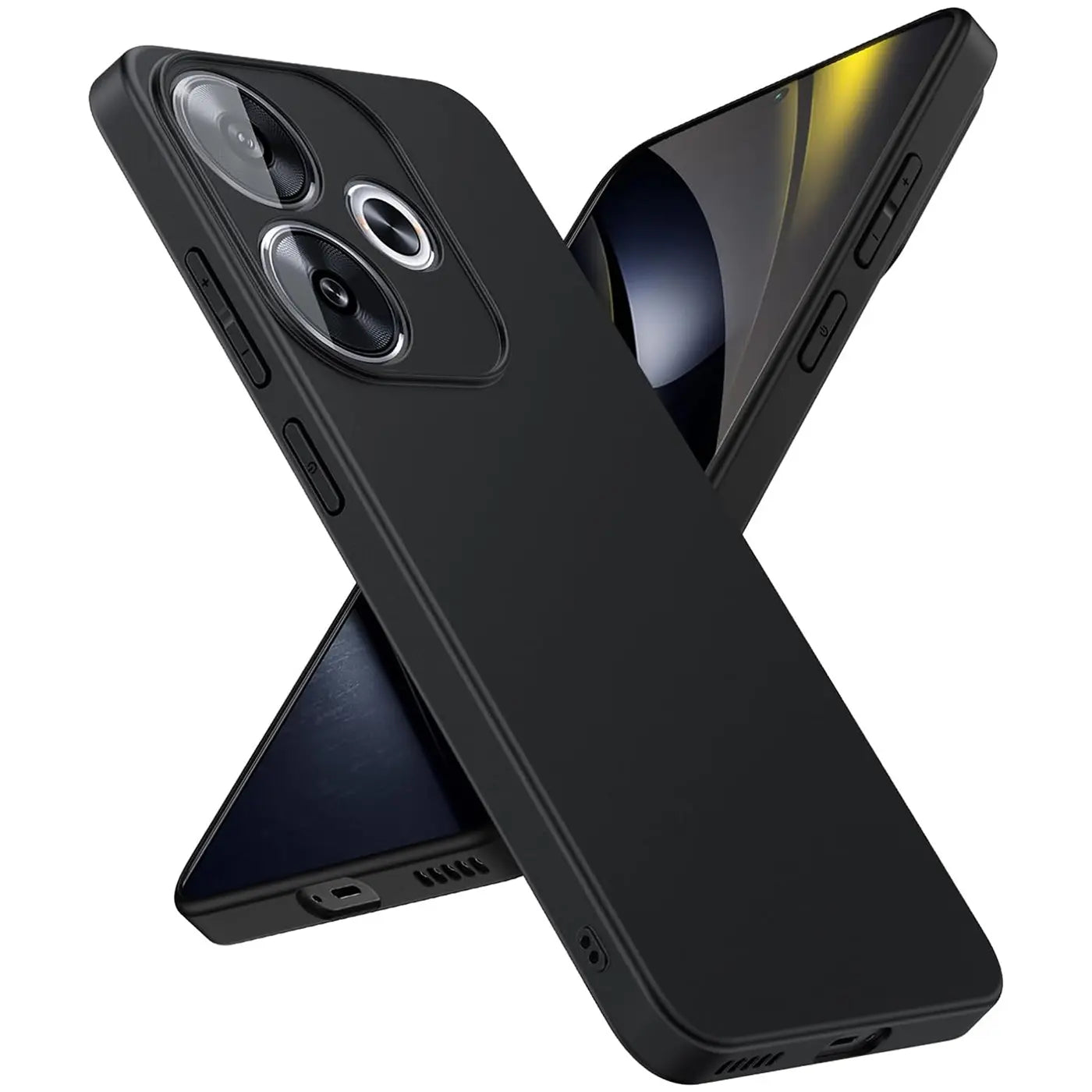 Schwarze Silikonhülle für Xiaomi Poco F6, matt, von vorne schräg gezeigt.