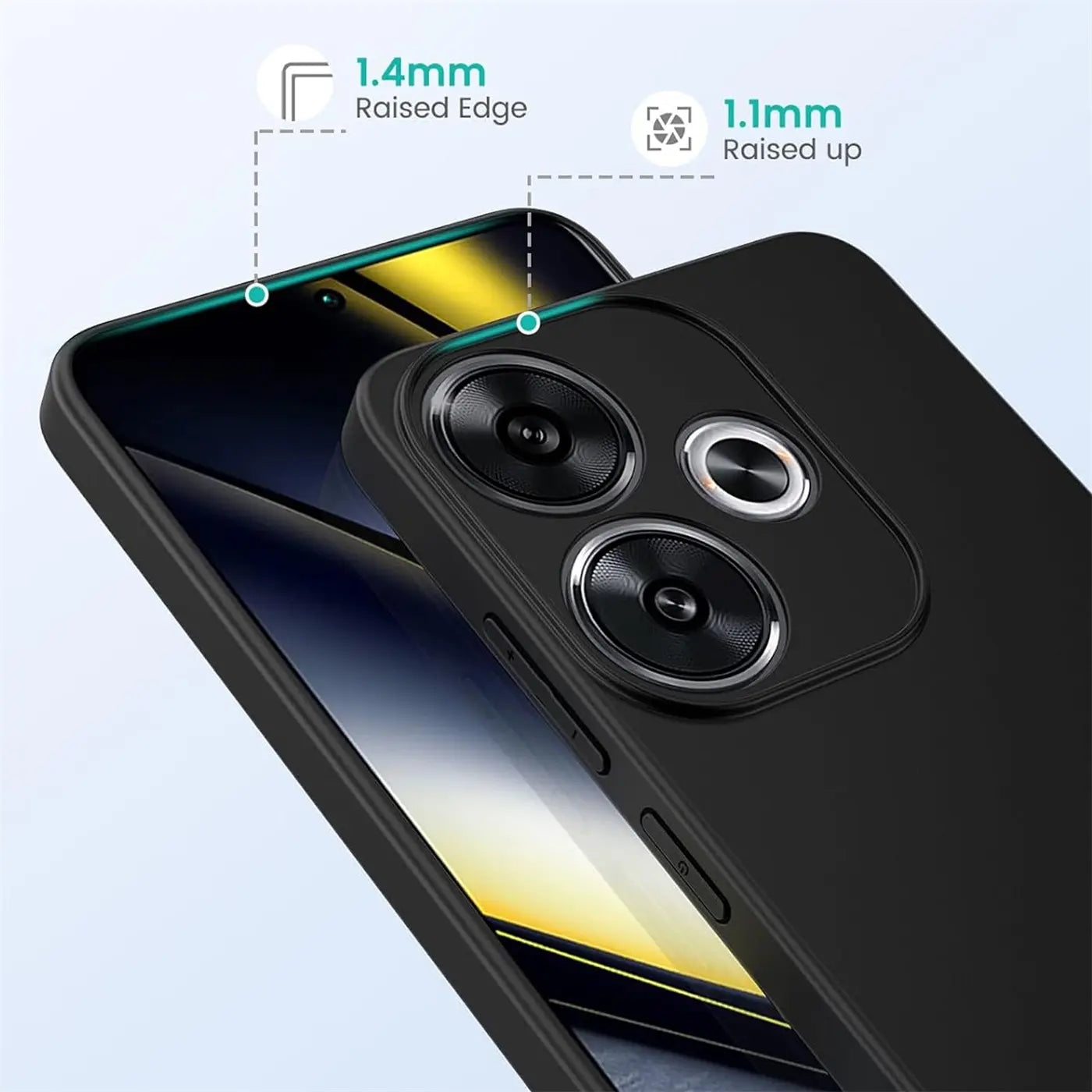 Schwarze Silikonhülle auf Xiaomi Poco F6, Nahaufnahme, Rückseite, Kamera, Display.