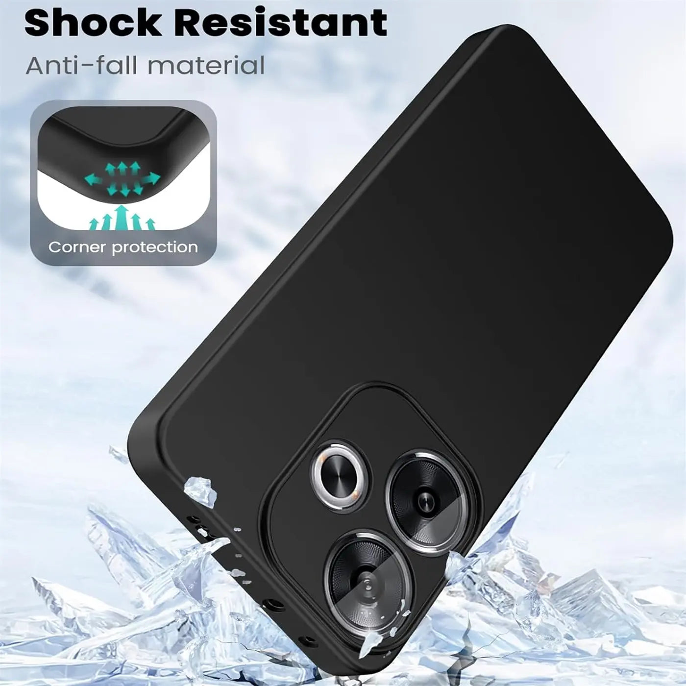 Schwarze Silikonhülle für Xiaomi Poco F6, Rückansicht, schräg von oben.
