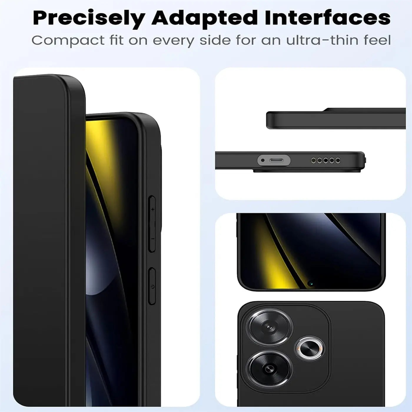 Schwarze Silikonhülle für Xiaomi Poco F6, Seitenansicht, Nahaufnahme der Kamera.