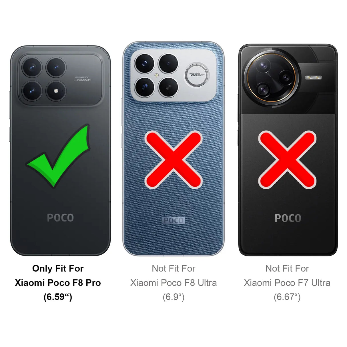 Drei Handy-Rückseiten: links Xiaomi Poco F8 Pro (passend), Mitte/rechts nicht passend.