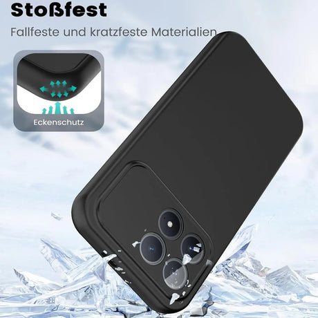 Schwarze Silikonhülle, Rückansicht, auf einem Xiaomi Poco F8 Pro, mit Eiskristallen.