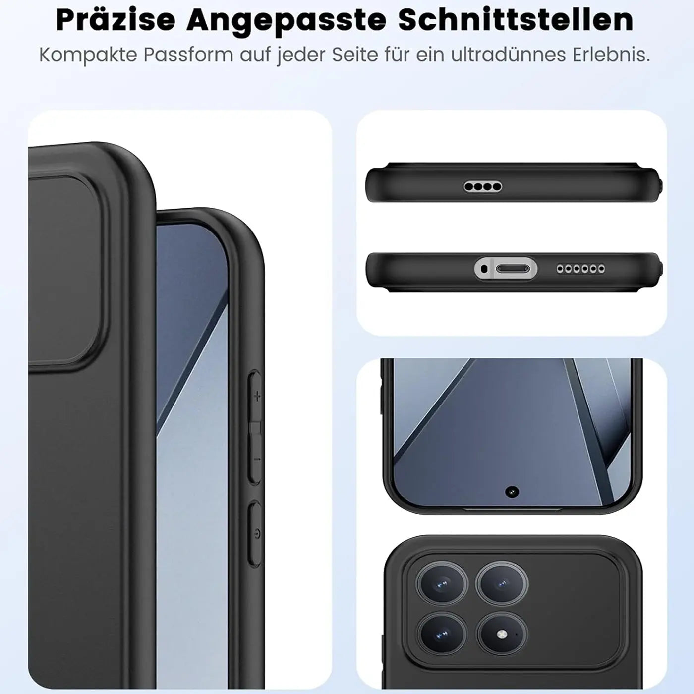 Schwarze Silikonhülle für Xiaomi Poco F8 Pro, Seitenansicht und Ausschnitte