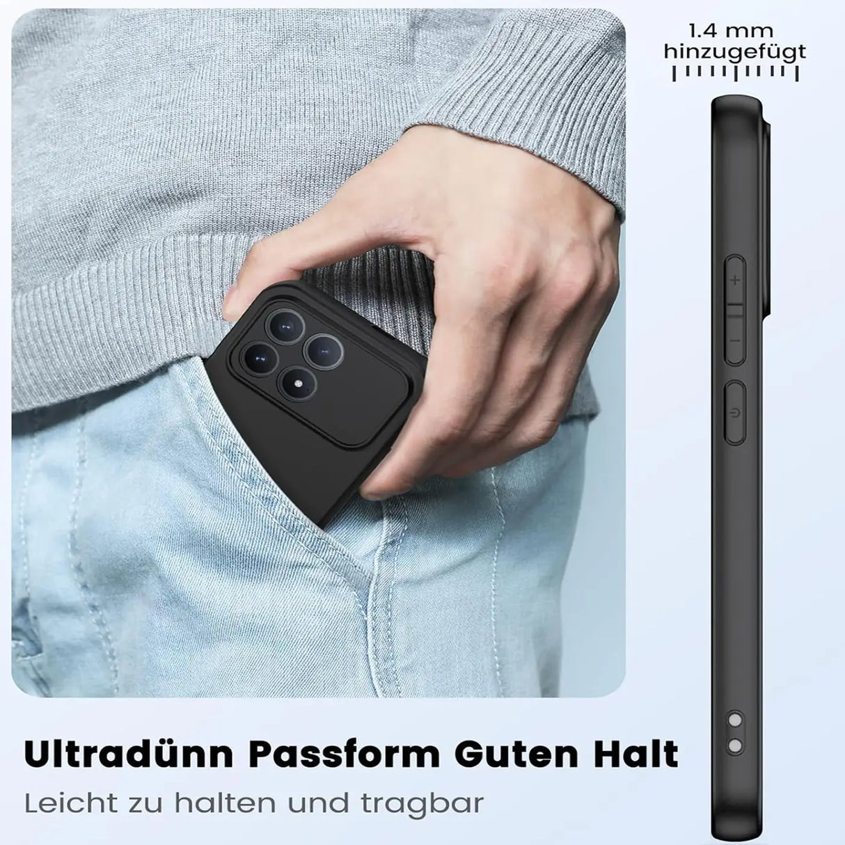 Schwarze Silikonhülle für Xiaomi Poco F8 Pro, von der Seite und von hinten gezeigt, passt in Hosentasche.