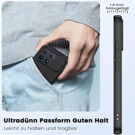 Schwarze Silikonhülle für Xiaomi Poco F8 Pro, von der Seite und von hinten gezeigt, passt in Hosentasche.