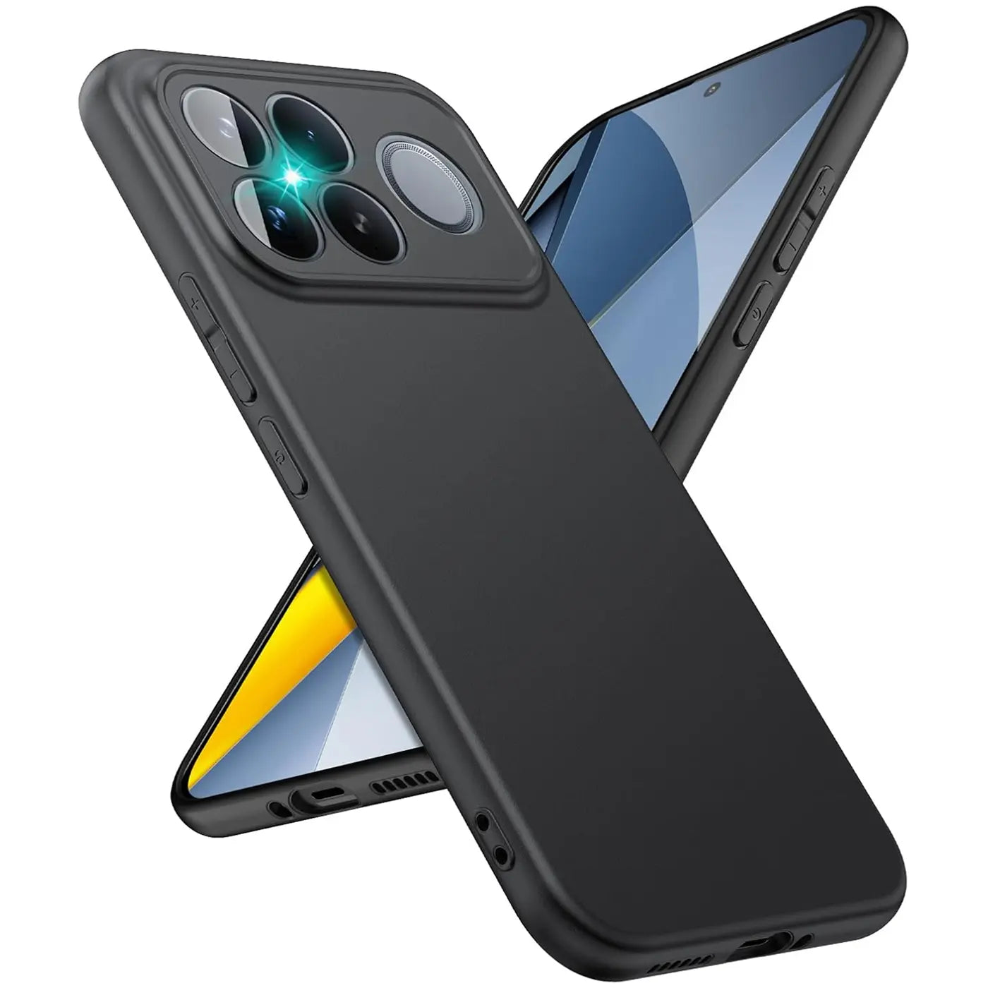 Schwarze Silikonhülle für Xiaomi Poco F8 Ultra, von schräg oben, matt.