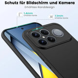 Schwarze Silikonhülle mit erhöhtem Rand schützt Kamera und Display eines Smartphones.