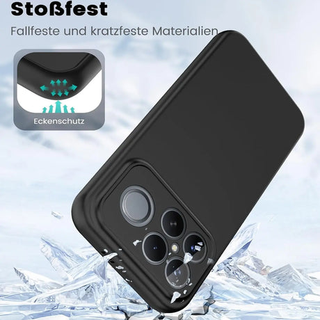 Schwarze, matte Silikonhülle für Xiaomi Poco F8 Ultra, von schräg oben fotografiert.