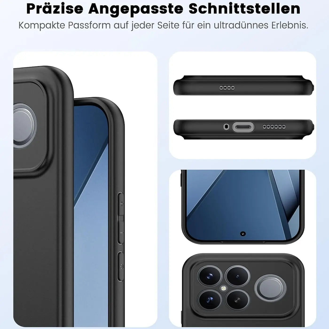 Schwarze Silikonhülle, Seitenansicht und Draufsicht, zeigt Ausschnitte für Xiaomi Poco F8 Ultra.