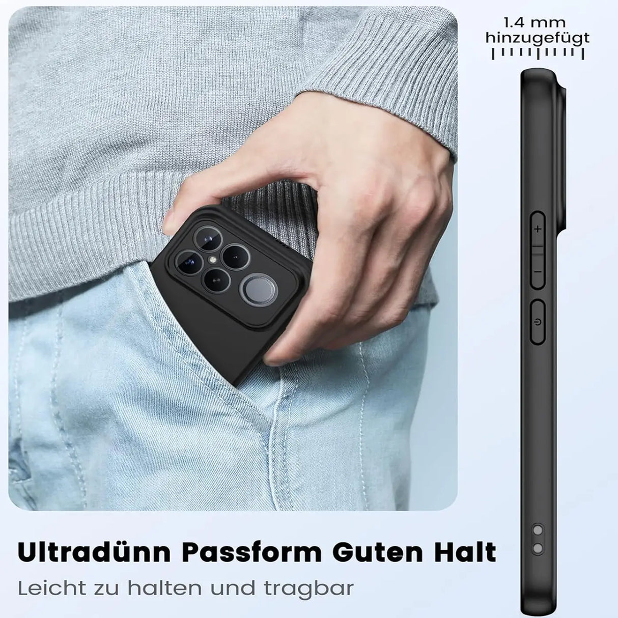 Schwarze Silikonhülle für Xiaomi Poco F8 Ultra, von der Seite und von hinten gezeigt.