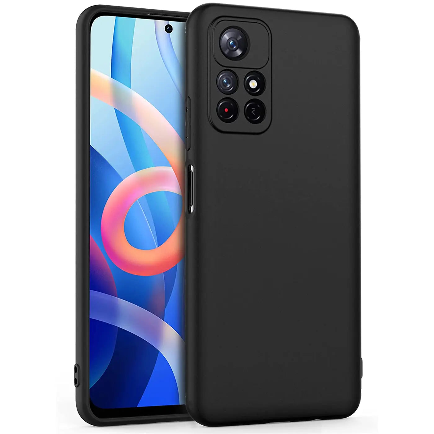 Schwarze Silikonhülle auf einem Xiaomi Poco M4 Pro 5G, von schräg vorne gesehen.