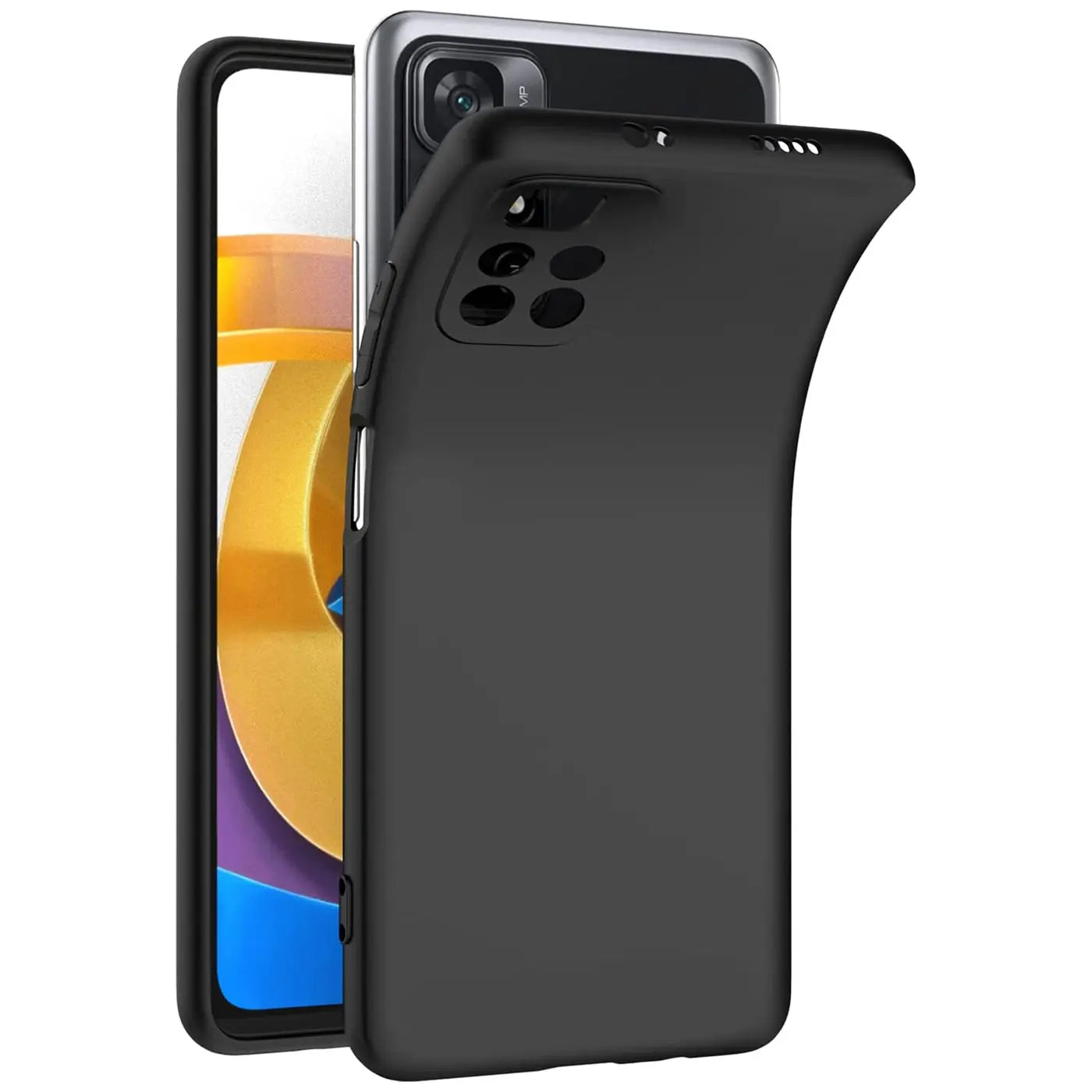 Schwarze, matte Silikonhülle für Xiaomi Poco M4 Pro 5G, von hinten, leicht schräg.