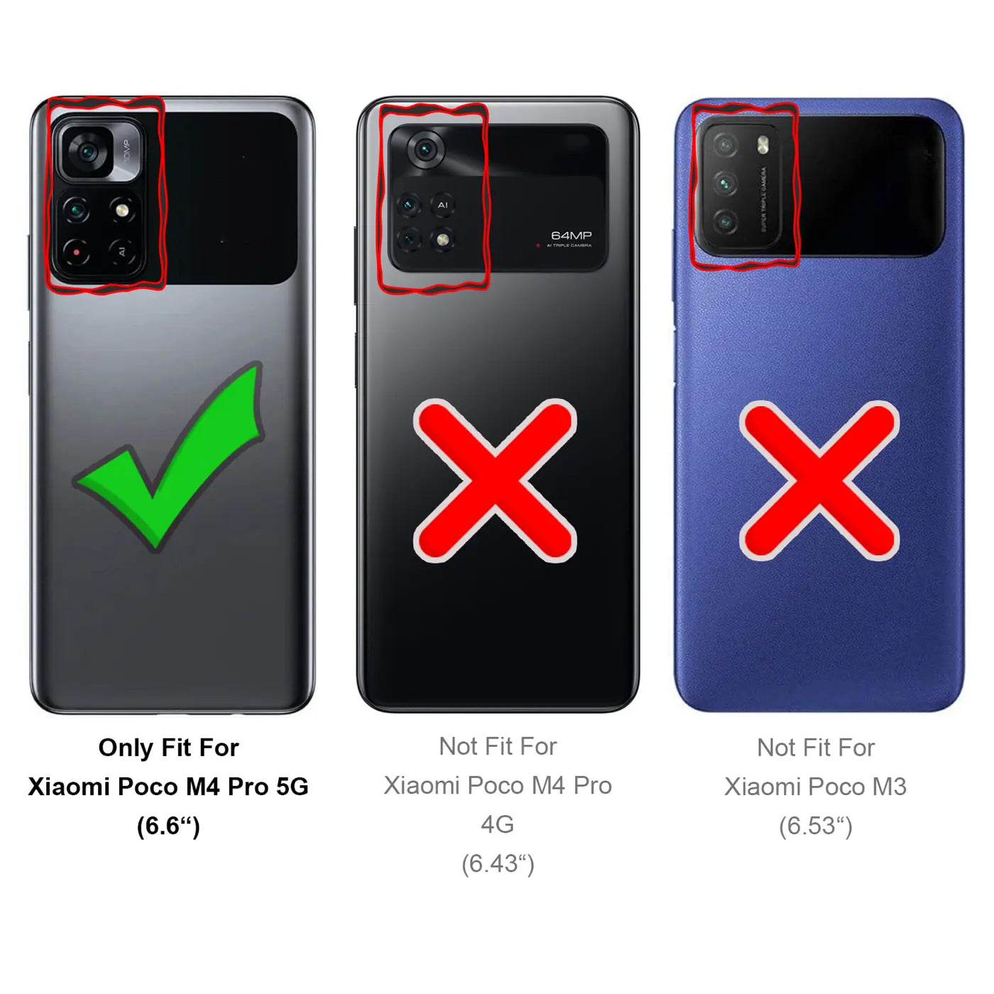 Drei Smartphone-Rückseiten, links passend für Poco M4 Pro 5G, Mitte/rechts nicht passend.