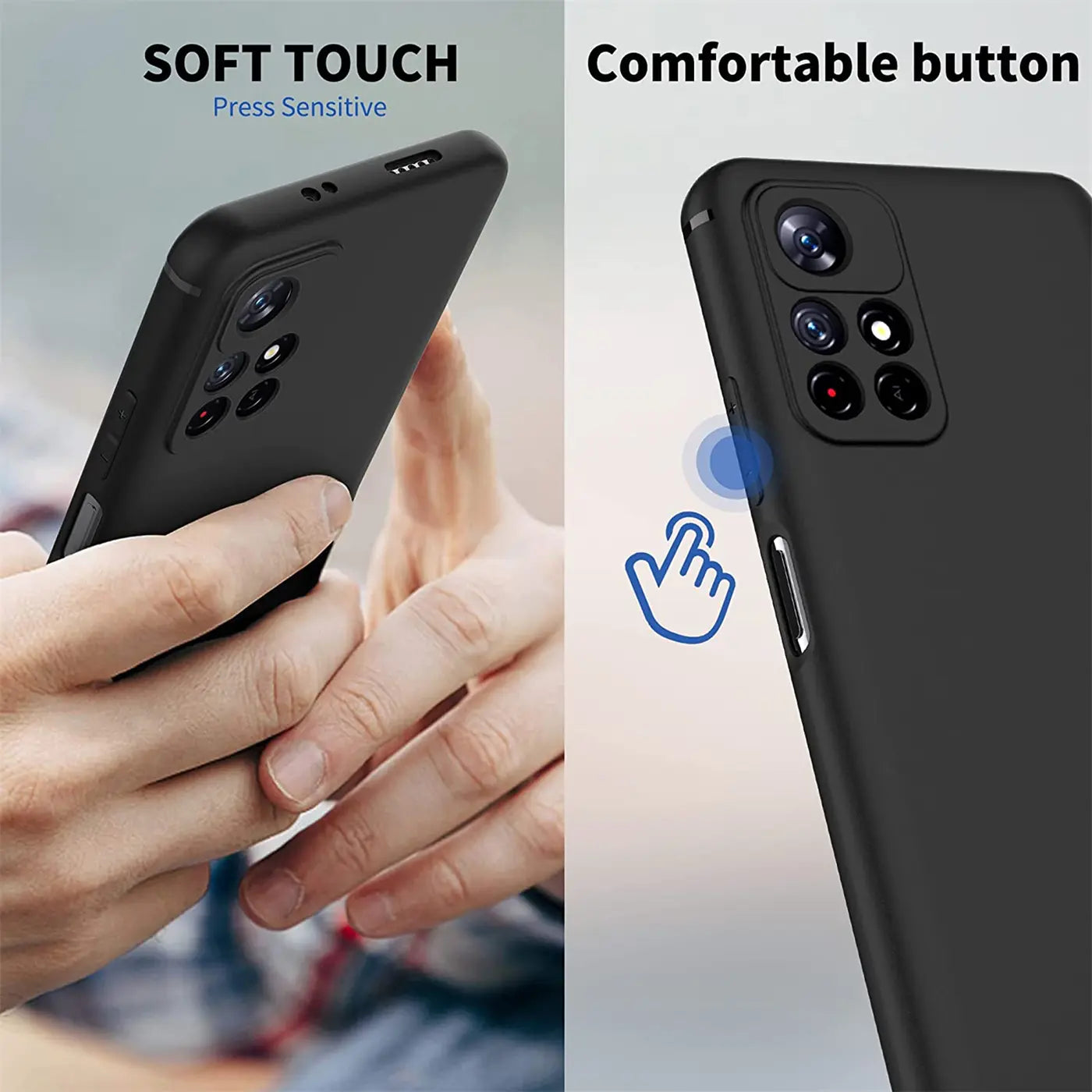 Schwarze Silikonhülle matt, von vorne und hinten gezeigt, am Xiaomi Poco M4 Pro 5G.