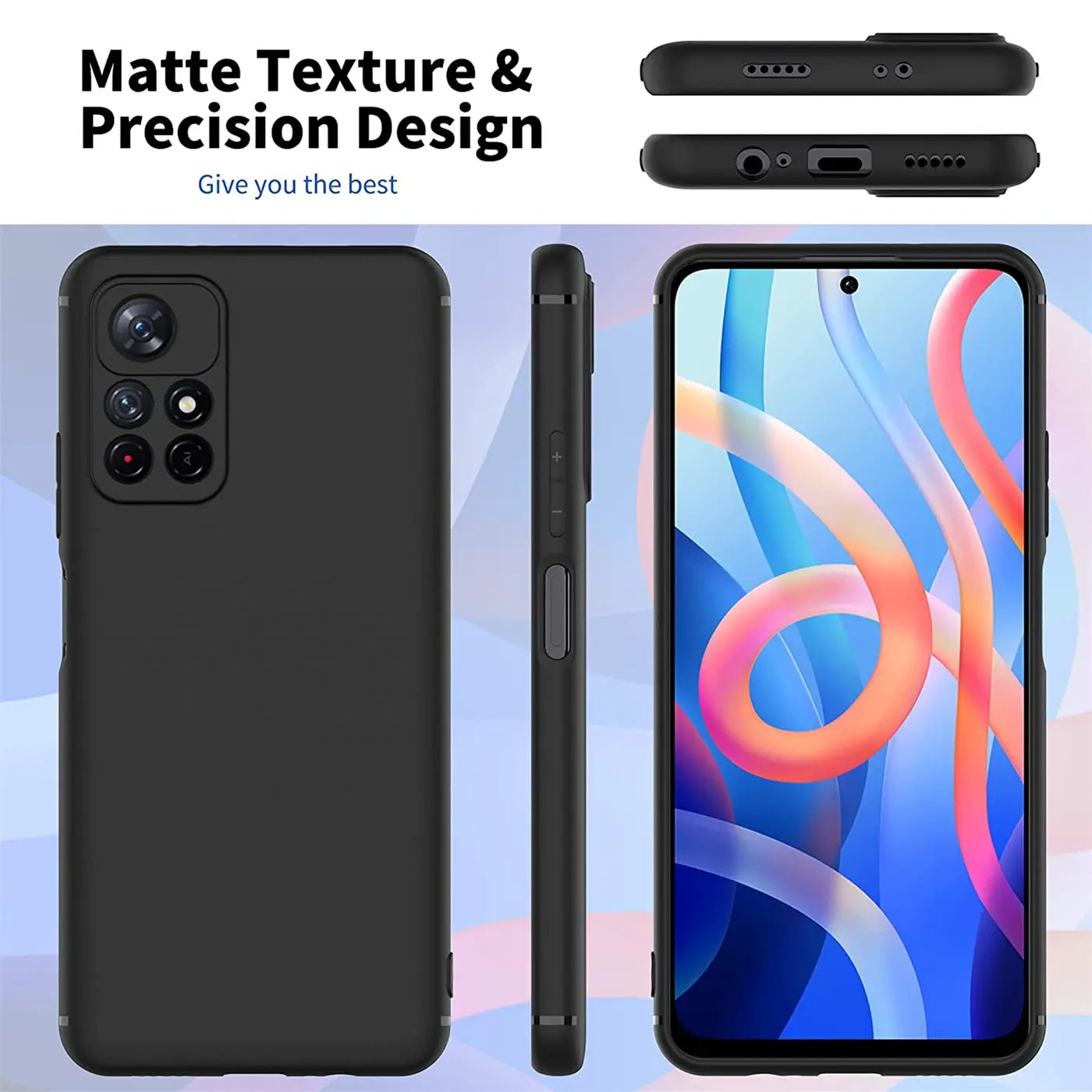 Schwarze Silikonhülle, matt, von vorne, Seite, Rückseite und Vorderseite des Xiaomi Poco M4 Pro 5G