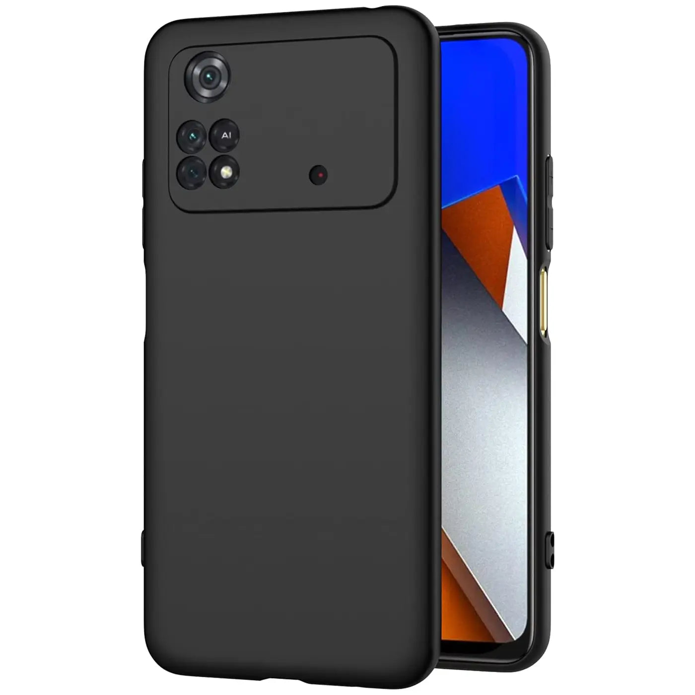 Schwarze Silikonhülle mit mattem Finish, die ein Xiaomi Poco M4 Pro schützt.