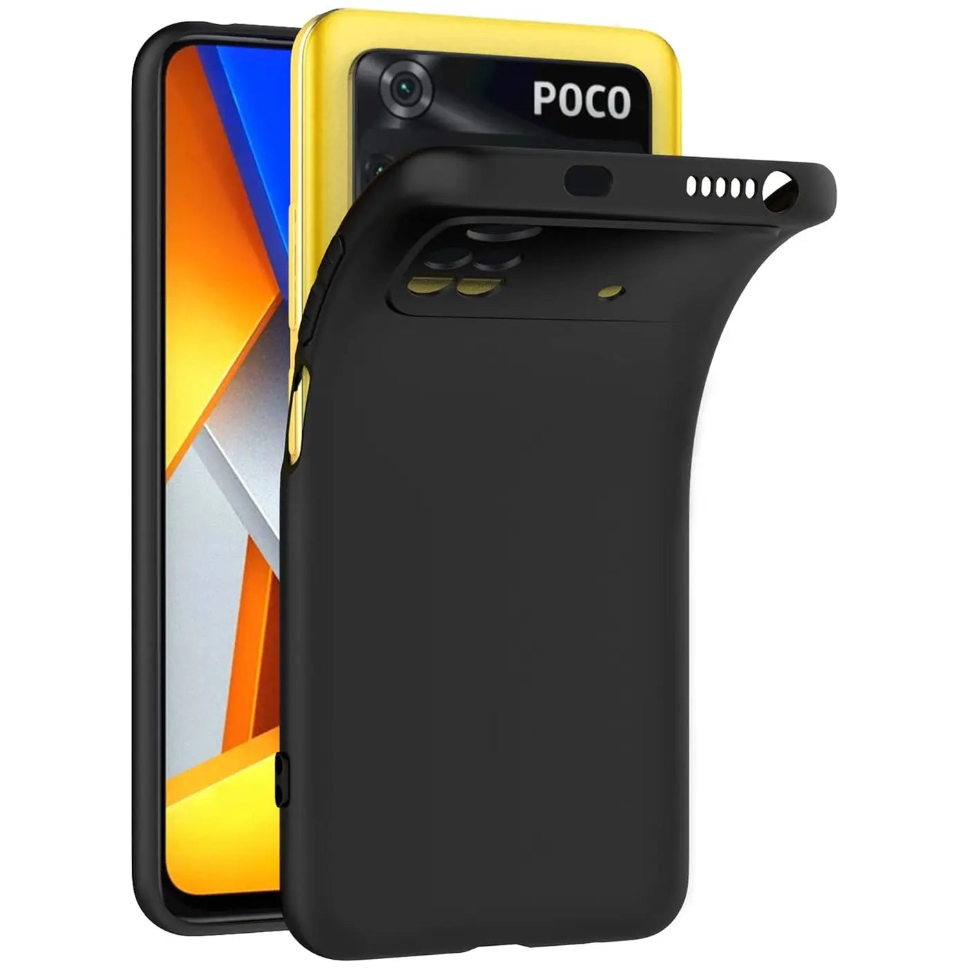 Schwarze Silikonhülle wird auf ein gelbes Xiaomi Poco M4 Pro aufgesetzt.