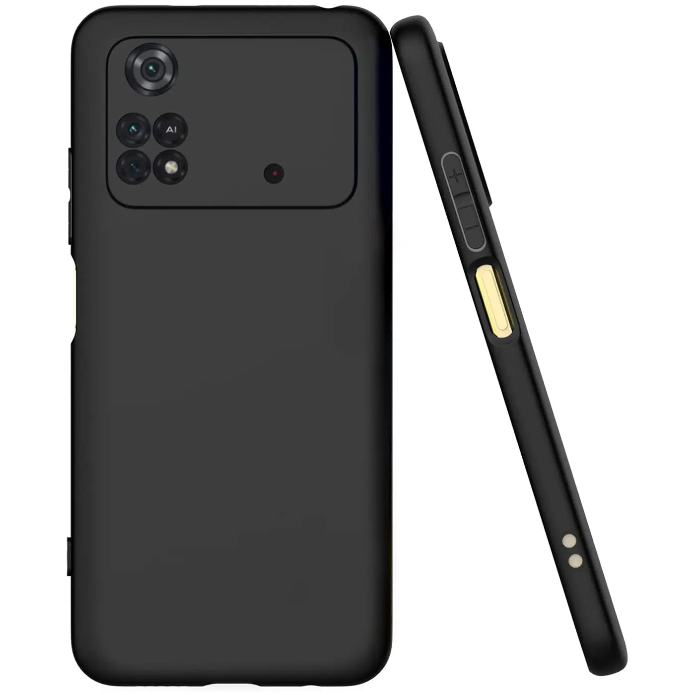 Schwarze, matte Silikonhülle für Xiaomi Poco M4 Pro, Rückseite und Seitenansicht.