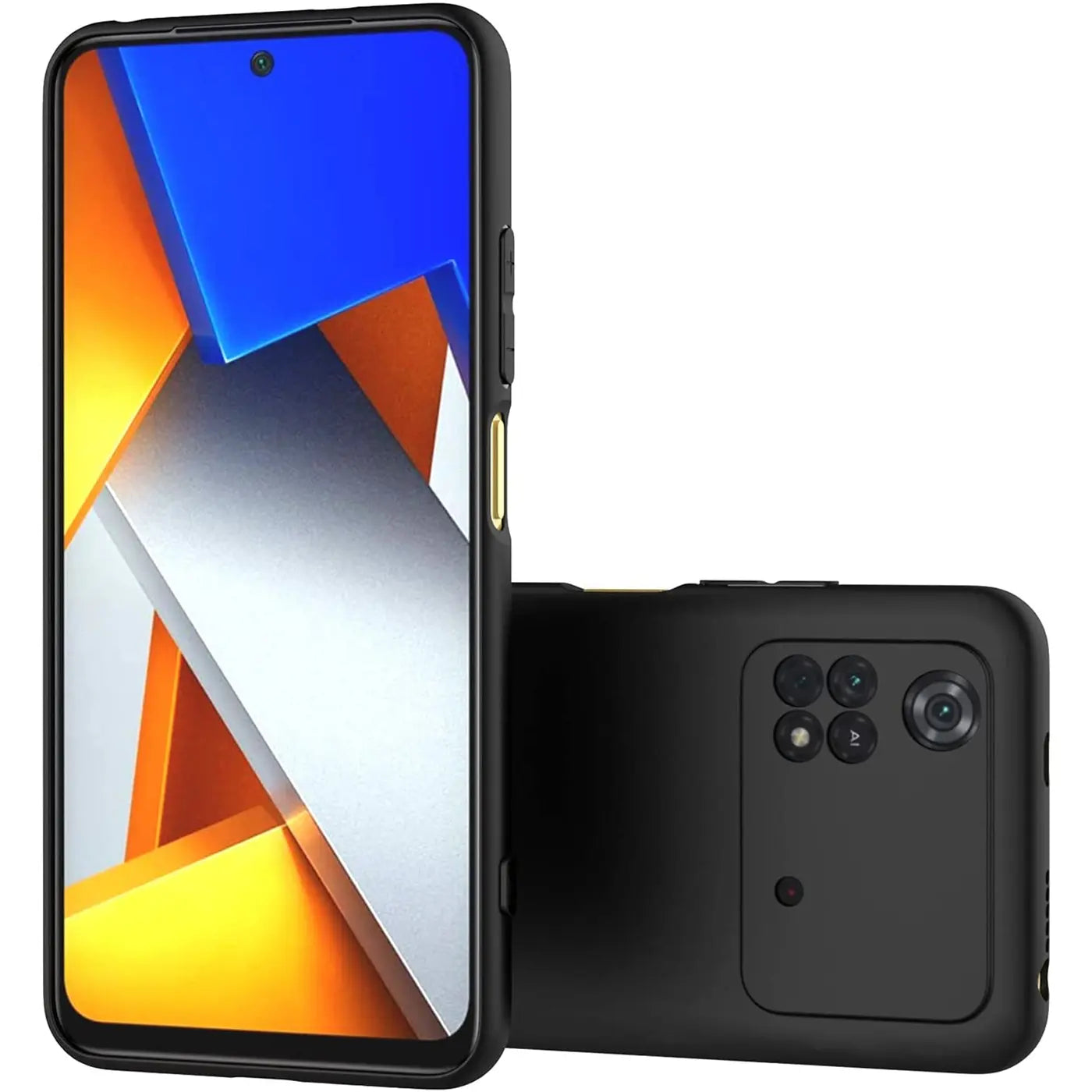 Schwarze Silikonhülle für Xiaomi Poco M4 Pro, matt, von vorne und hinten gezeigt.
