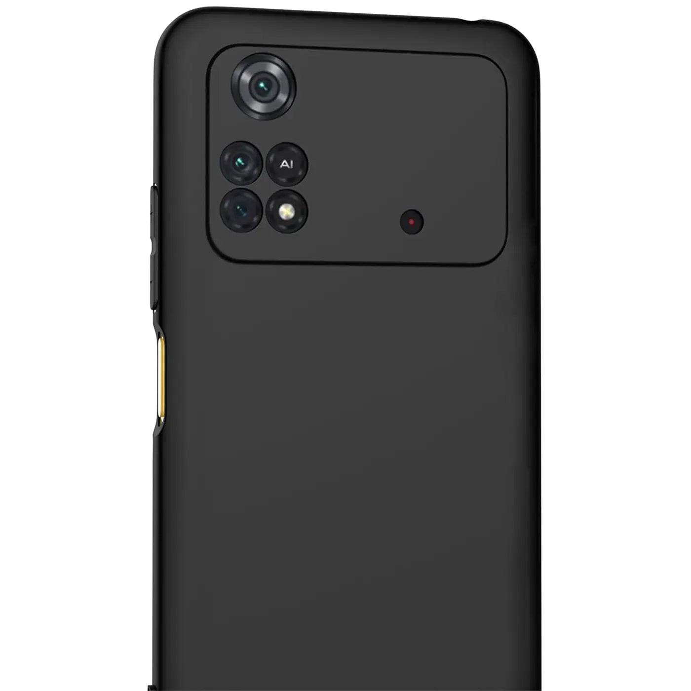 Schwarze matte Silikonhülle für Xiaomi Poco M4 Pro, Rückansicht, Nahaufnahme.