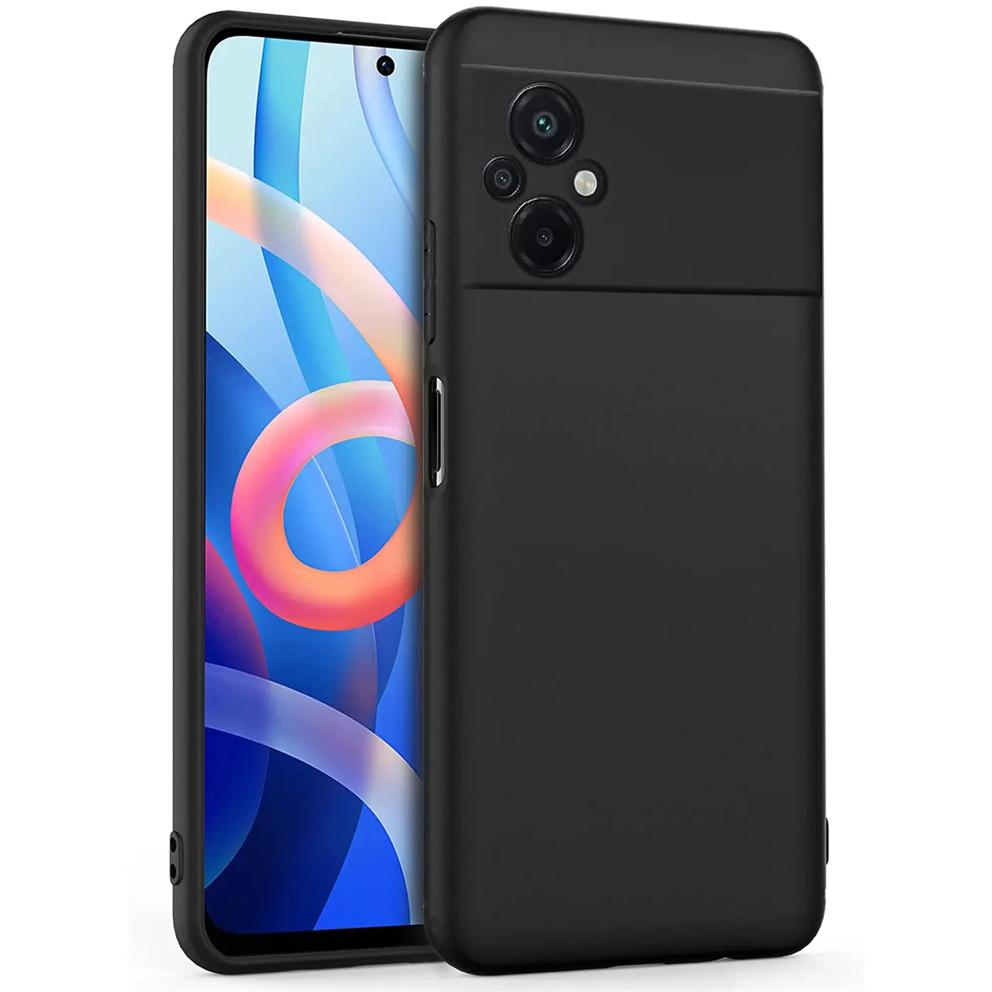 Schwarze Silikonhülle matt auf Xiaomi Poco M5, Seitenansicht.