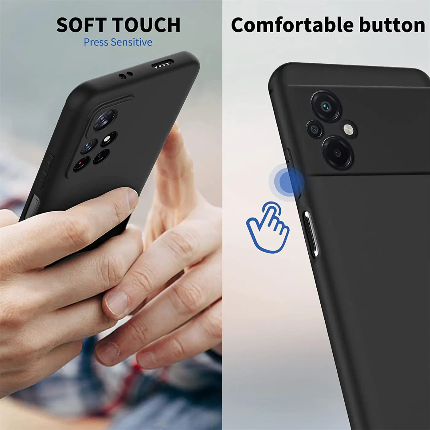 Schwarze Silikonhülle, matt, von der Seite, zeigt Xiaomi Poco M5 Kamera