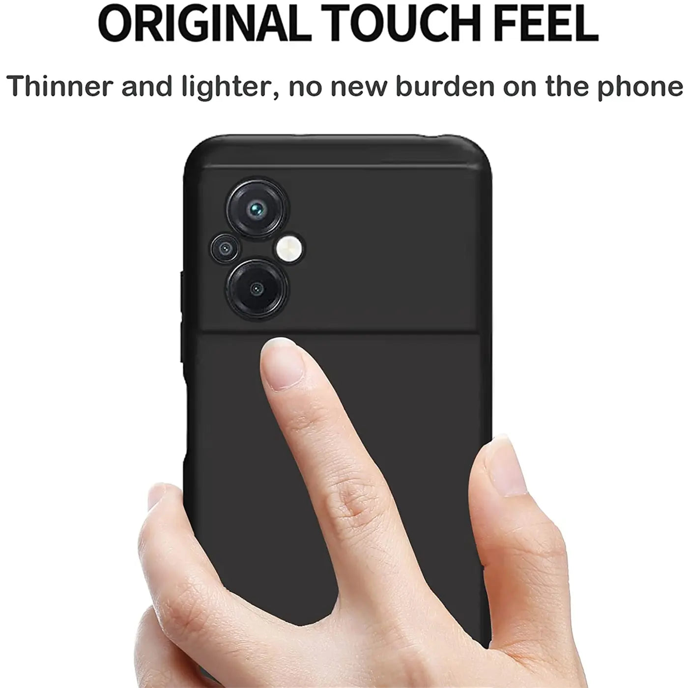 Schwarze Silikonhülle, Rückansicht, Xiaomi Poco M5 mit Finger