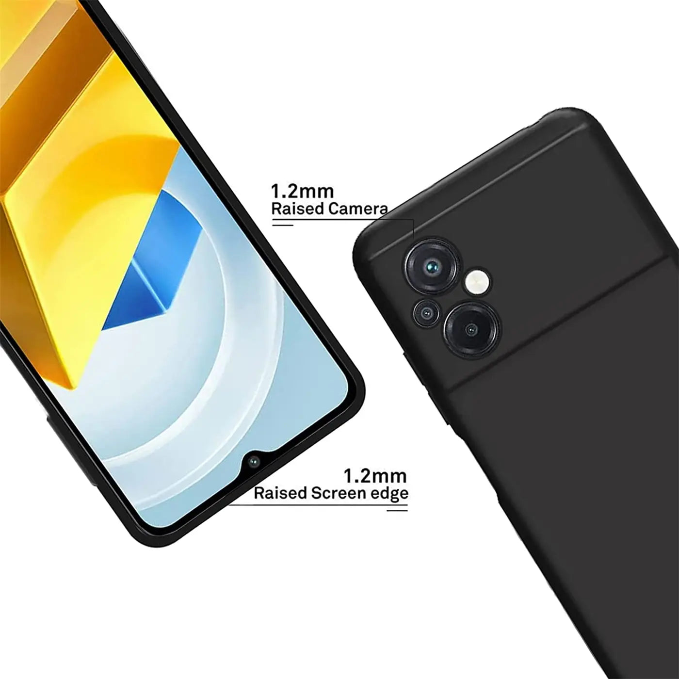 Schwarze Silikonhülle, matt, Rückseite und Bildschirm eines Xiaomi Poco M5, Nahaufnahme