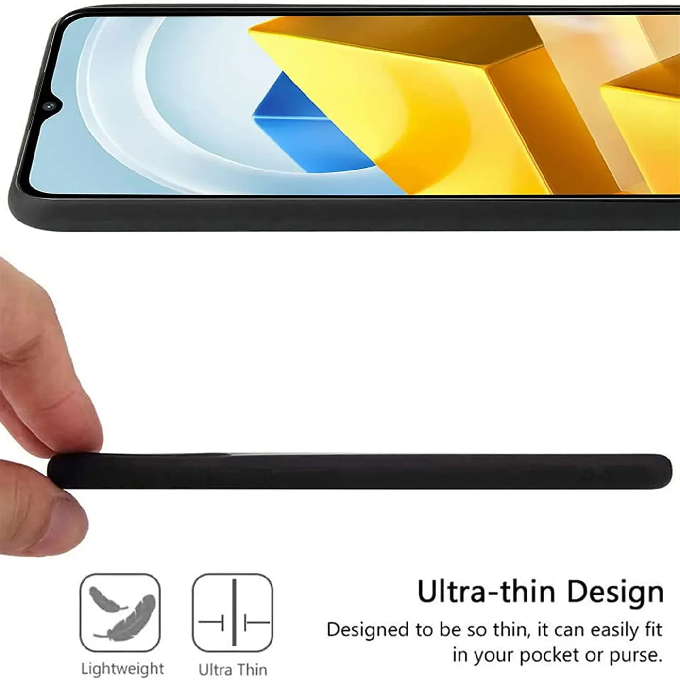 Schwarze, matte Silikonhülle für Xiaomi Poco M5, von der Seite gezeigt, dünn.