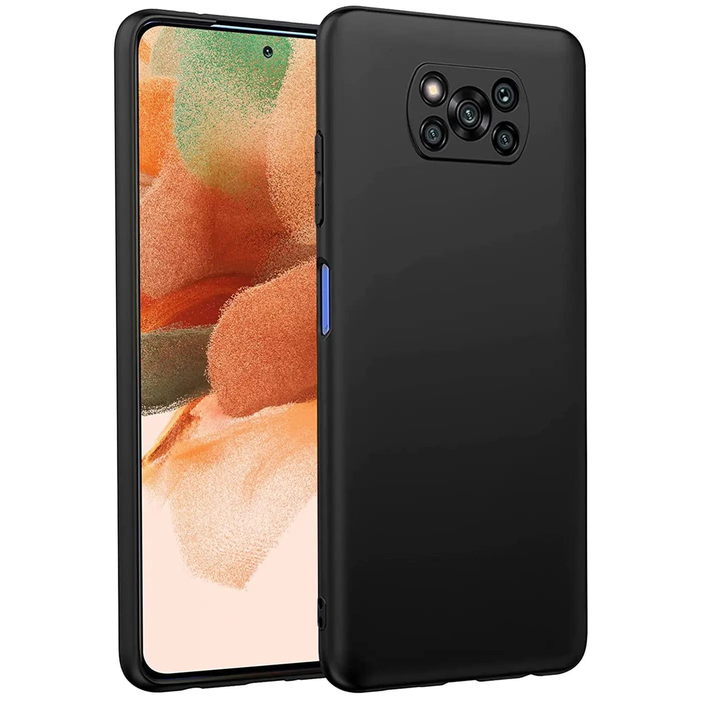 Schwarze Silikonhülle für Xiaomi Poco X3/X3 Pro, von vorne/seitlich, matt.
