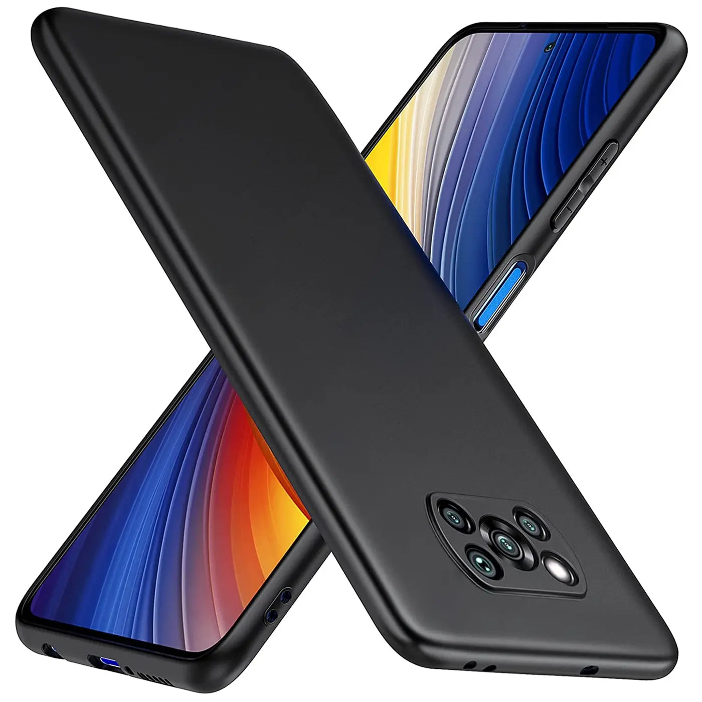 Schwarze Silikonhülle für Xiaomi Poco X3 Pro, von schräg oben, Rückseite mit Kamera.