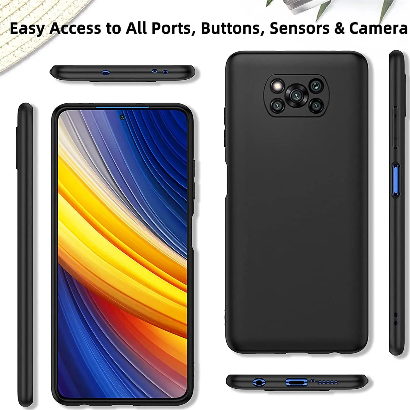 Schwarze Silikonhülle für Xiaomi Poco X3 Pro, verschiedene Ansichten.