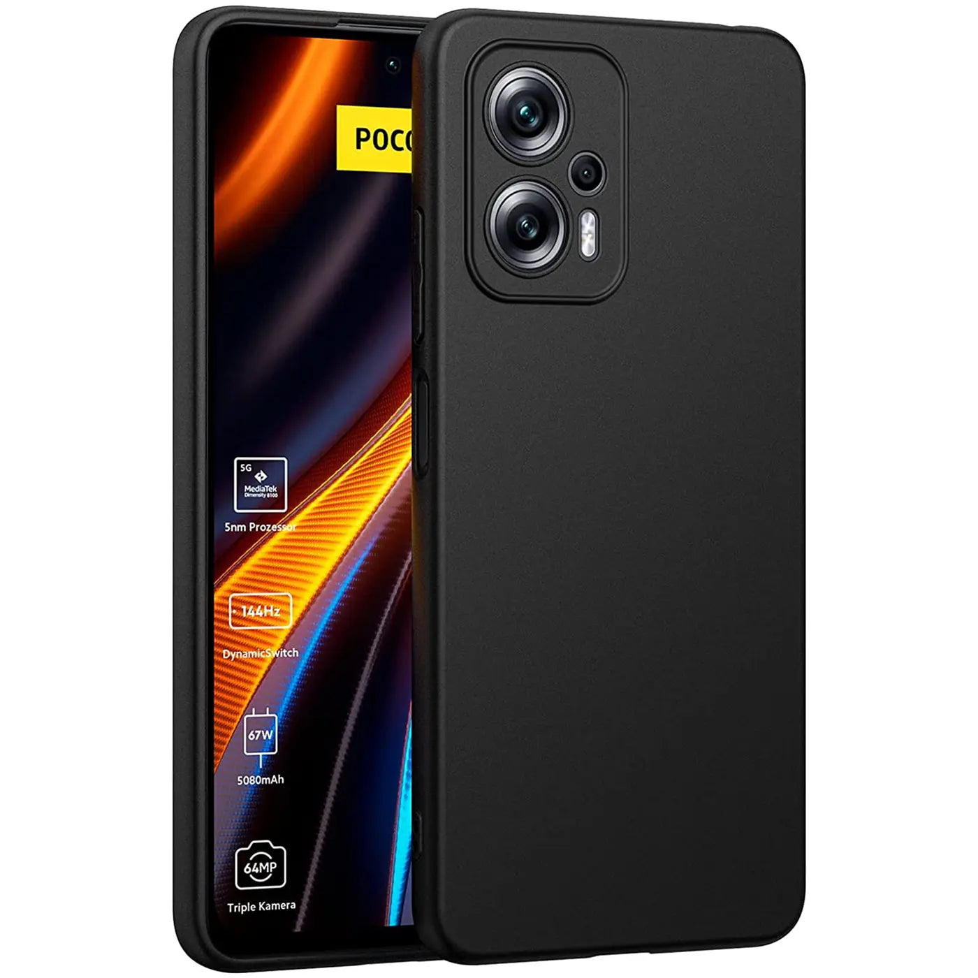 Schwarze Silikonhülle matt, Vorder- und Rückansicht, Xiaomi Poco X4 GT.