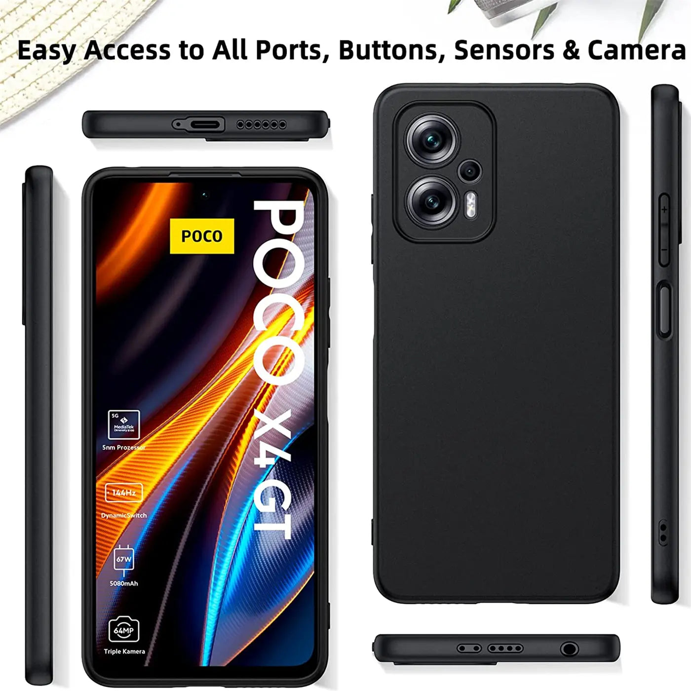 Schwarze Silikonhülle für Xiaomi Poco X4 GT, von vorne, hinten und Seite gezeigt.