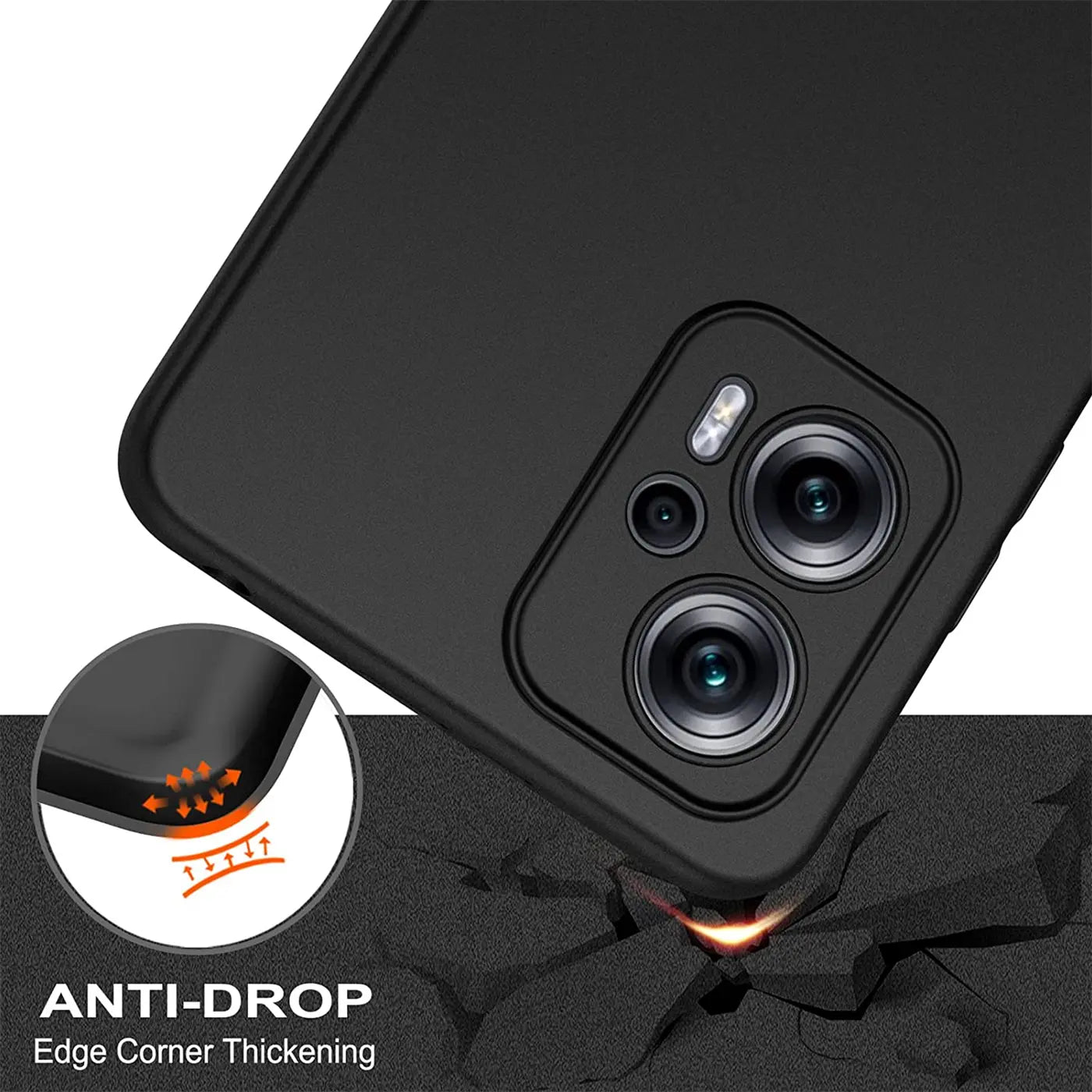 Schwarze Silikonhülle, Nahaufnahme, Rückseite eines Xiaomi Poco X4 GT mit Kamera.
