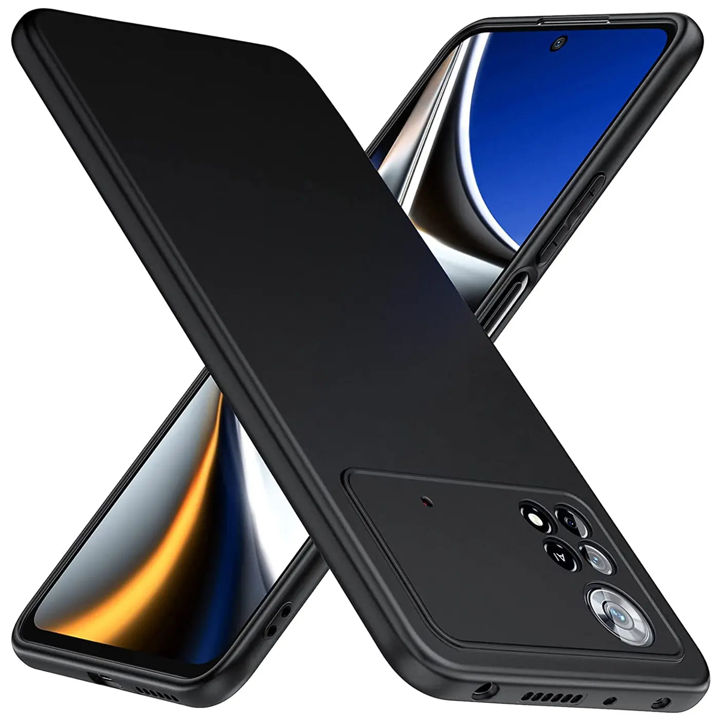 Schwarze Silikonhülle für Xiaomi Poco X4 Pro 5G, von schräg oben, Rückseite sichtbar.