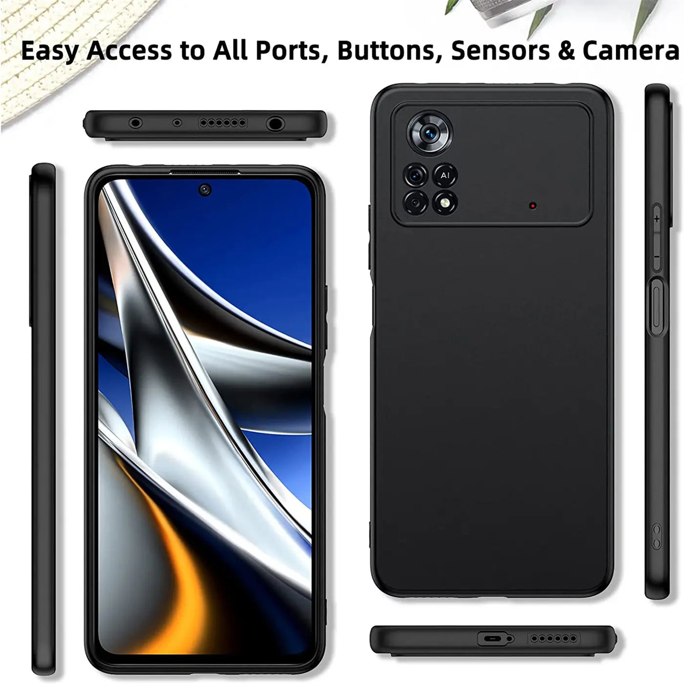 Schwarze Silikonhülle für Xiaomi Poco X4 Pro 5G, verschiedene Ansichten.