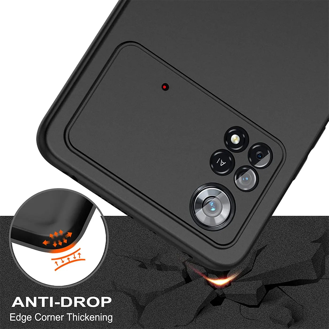 Schwarze Silikonhülle für Xiaomi Poco X4 Pro 5G, Rückansicht, Nahaufnahme der Kamera.