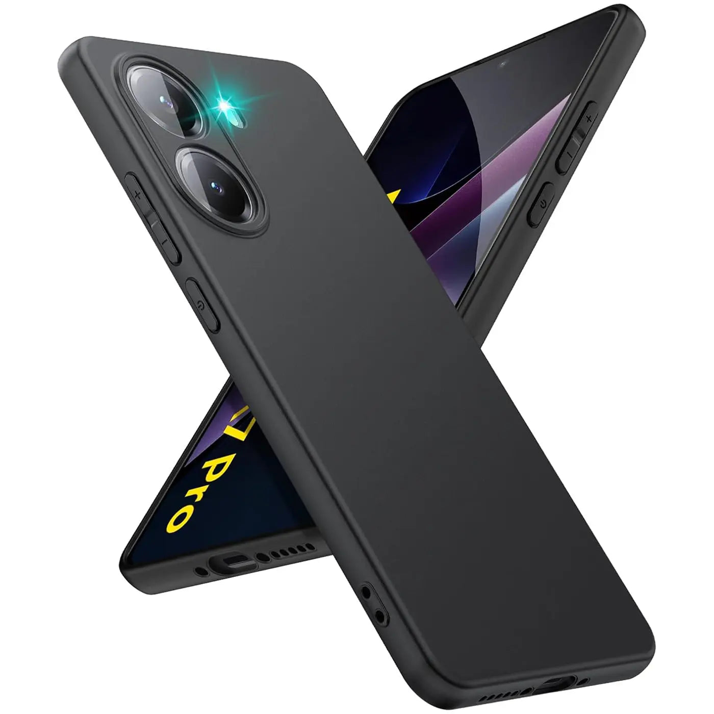 Schwarze matte Silikonhülle für Xiaomi Poco X7 Pro, von schräg oben