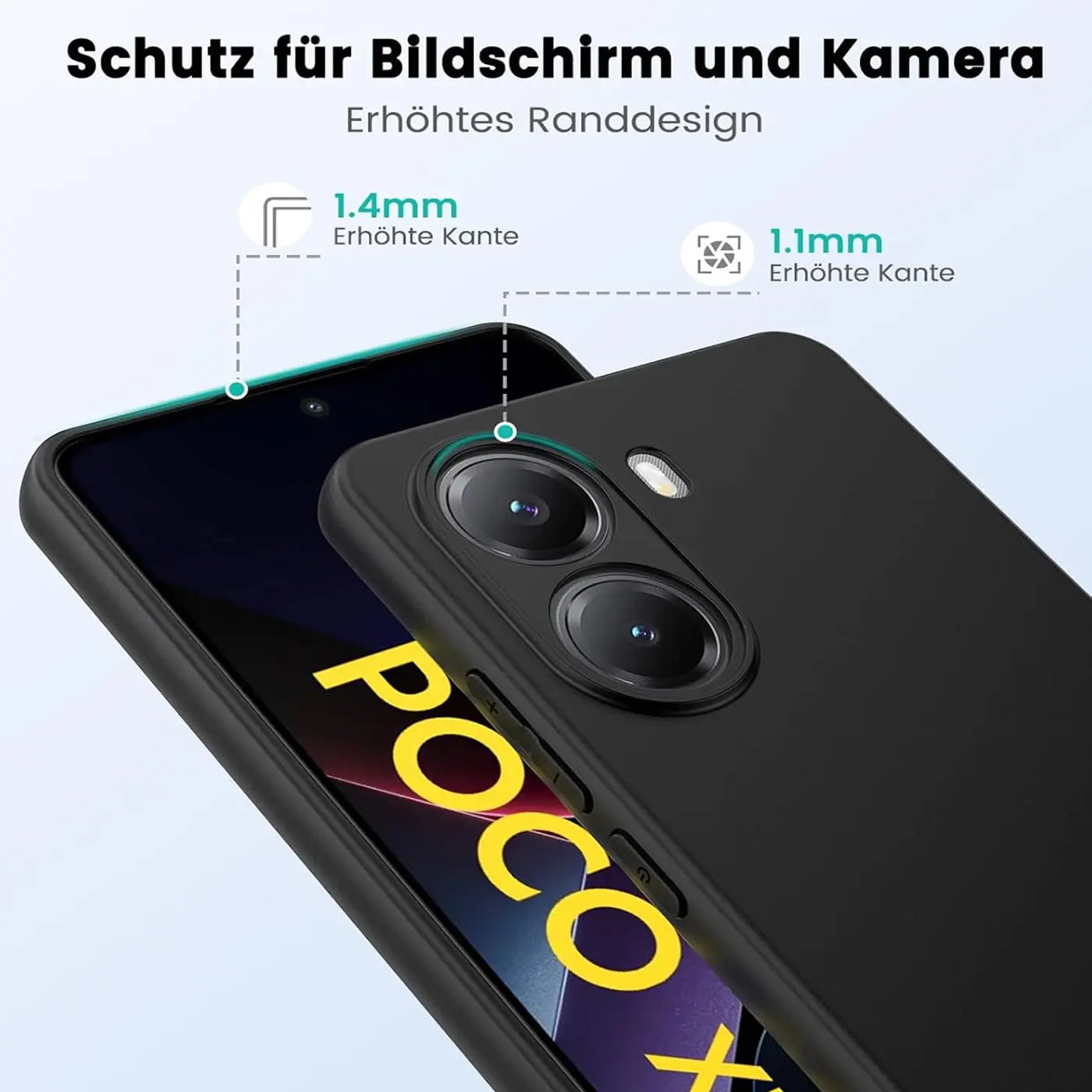 Schwarze Silikonhülle auf Xiaomi Poco X7 Pro, Rückansicht, erhöhte Kanten.