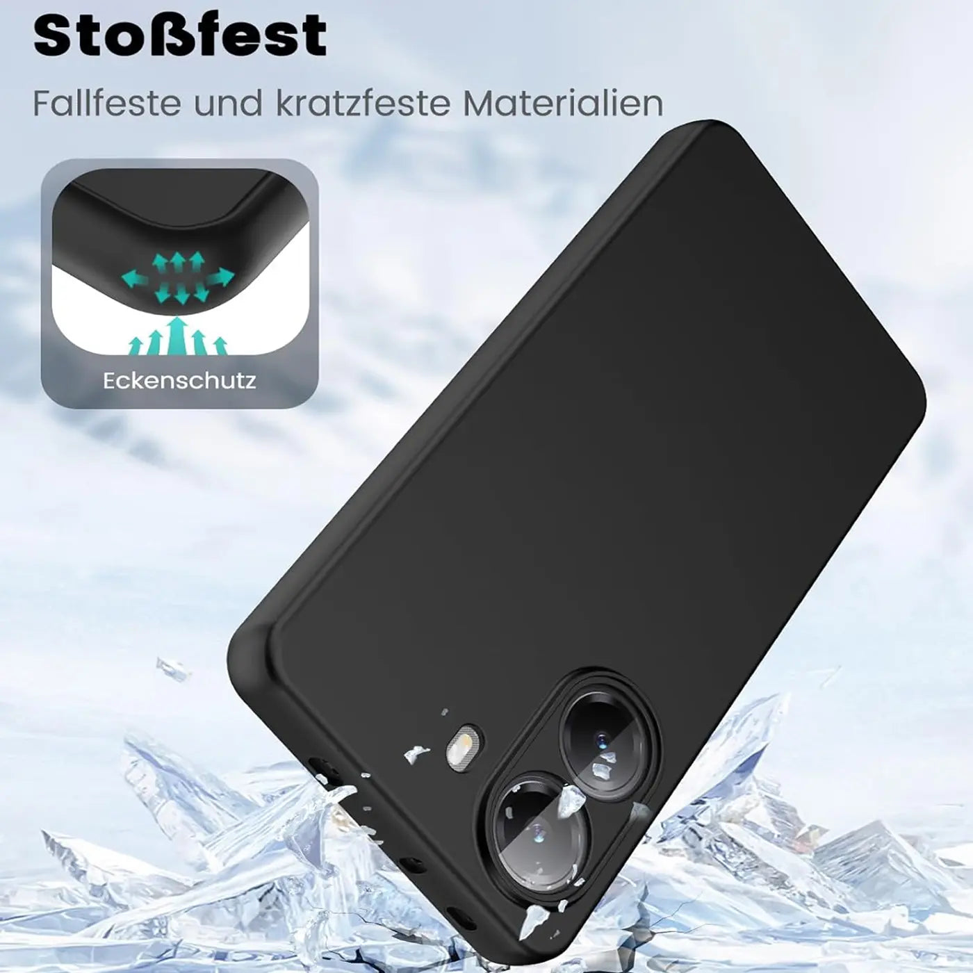 Schwarze Silikonhülle für Xiaomi Poco X7 Pro, von schräg oben, matt.