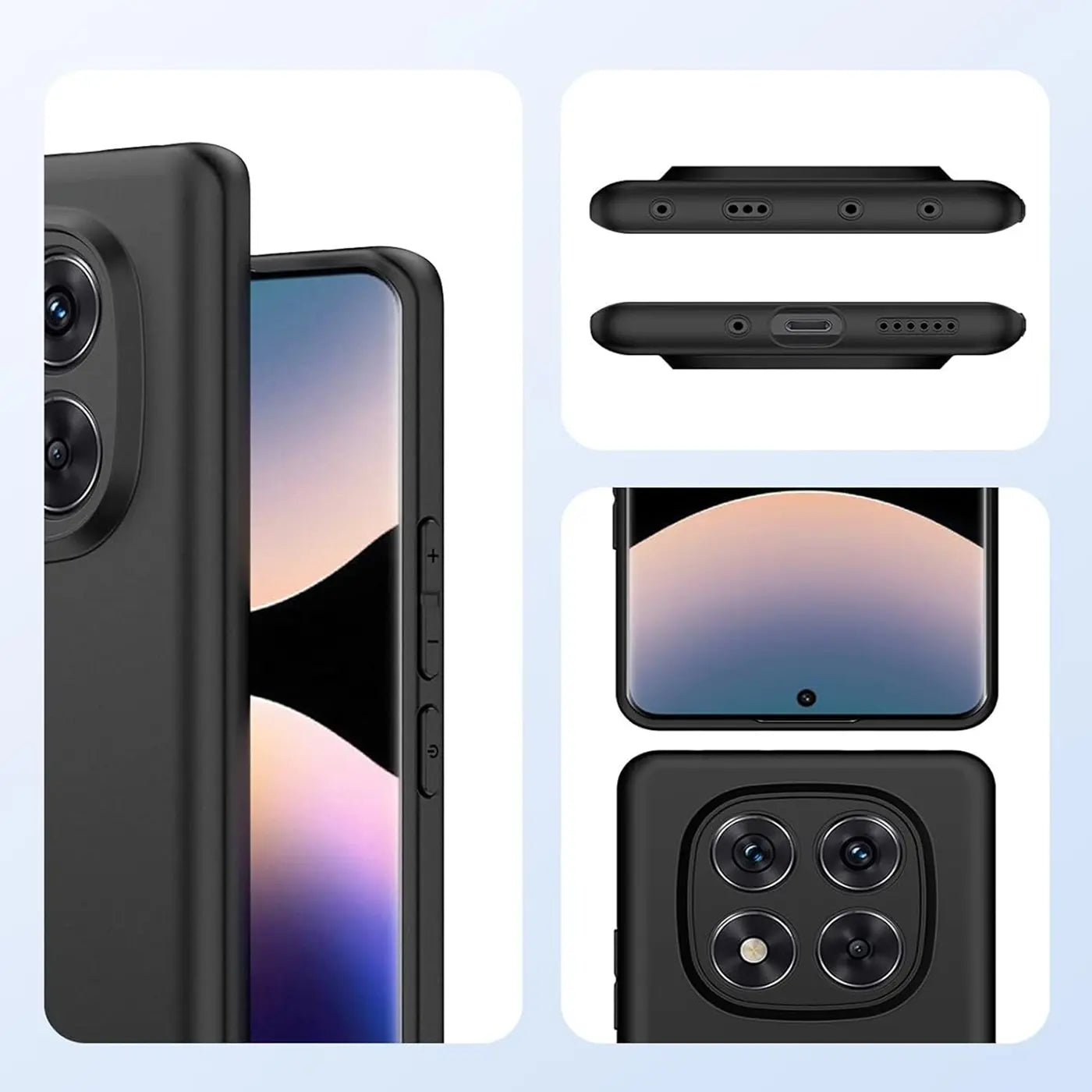 Schwarze Silikonhülle für Xiaomi Poco X7, Seitenansicht und Rückansicht mit Kamera.