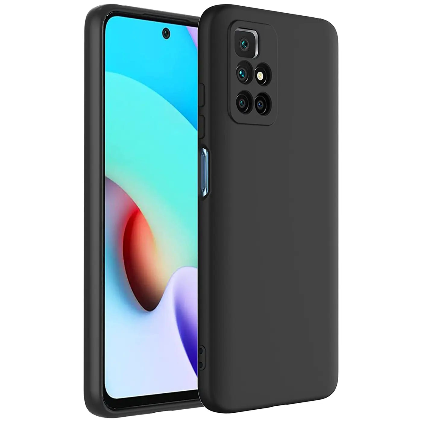 Schwarze Silikonhülle für Xiaomi Redmi 10, von vorne/seitlich betrachtet.