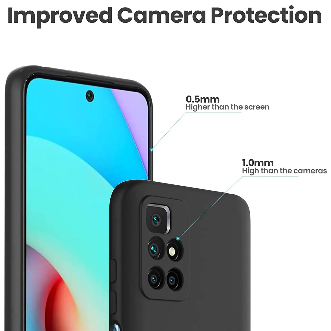 Schwarze Silikonhülle für Xiaomi Redmi 10, Rückansicht, Kameraschutz.