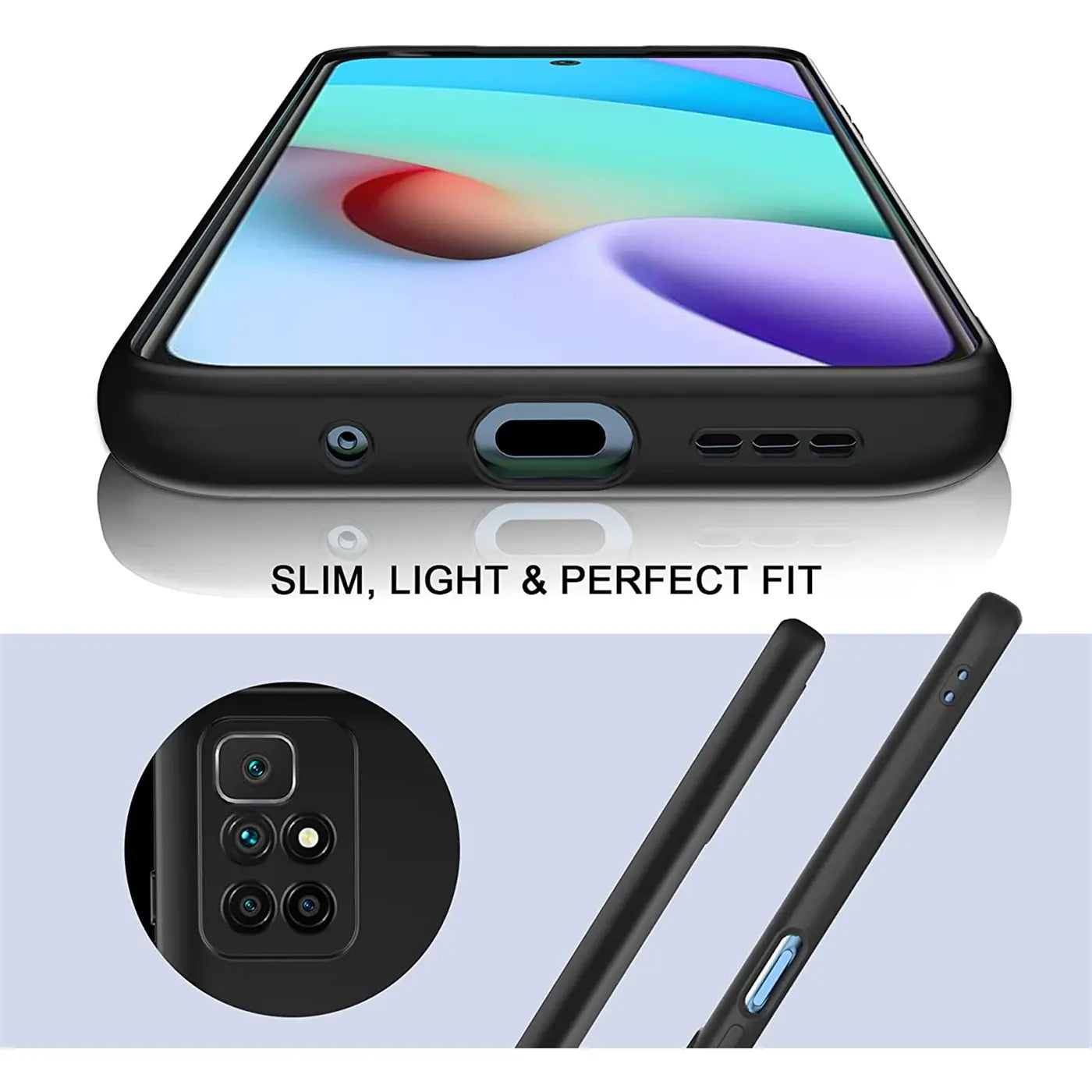 Schwarze Silikonhülle um ein Xiaomi Redmi 10, Seitenansicht, Nahaufnahme Kamera.