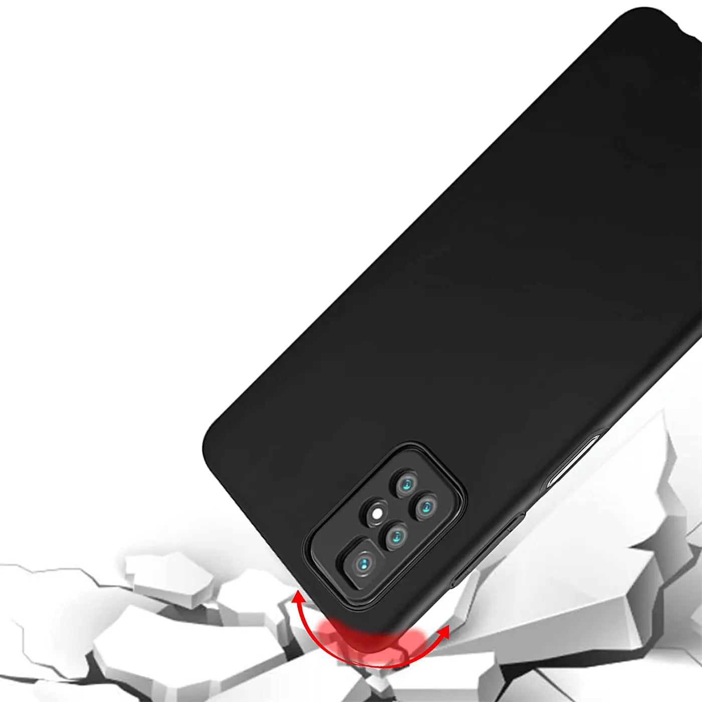 Schwarze Silikonhülle, Rückansicht, Xiaomi Redmi 10 mit Kamera-Modul.