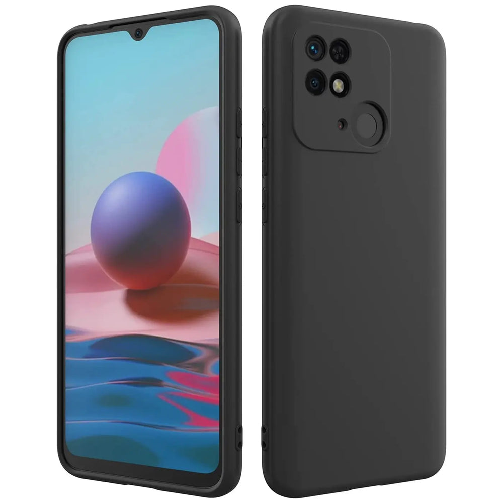 Schwarze, matte Silikonhülle für Xiaomi Redmi 10C, von vorne und hinten gezeigt.