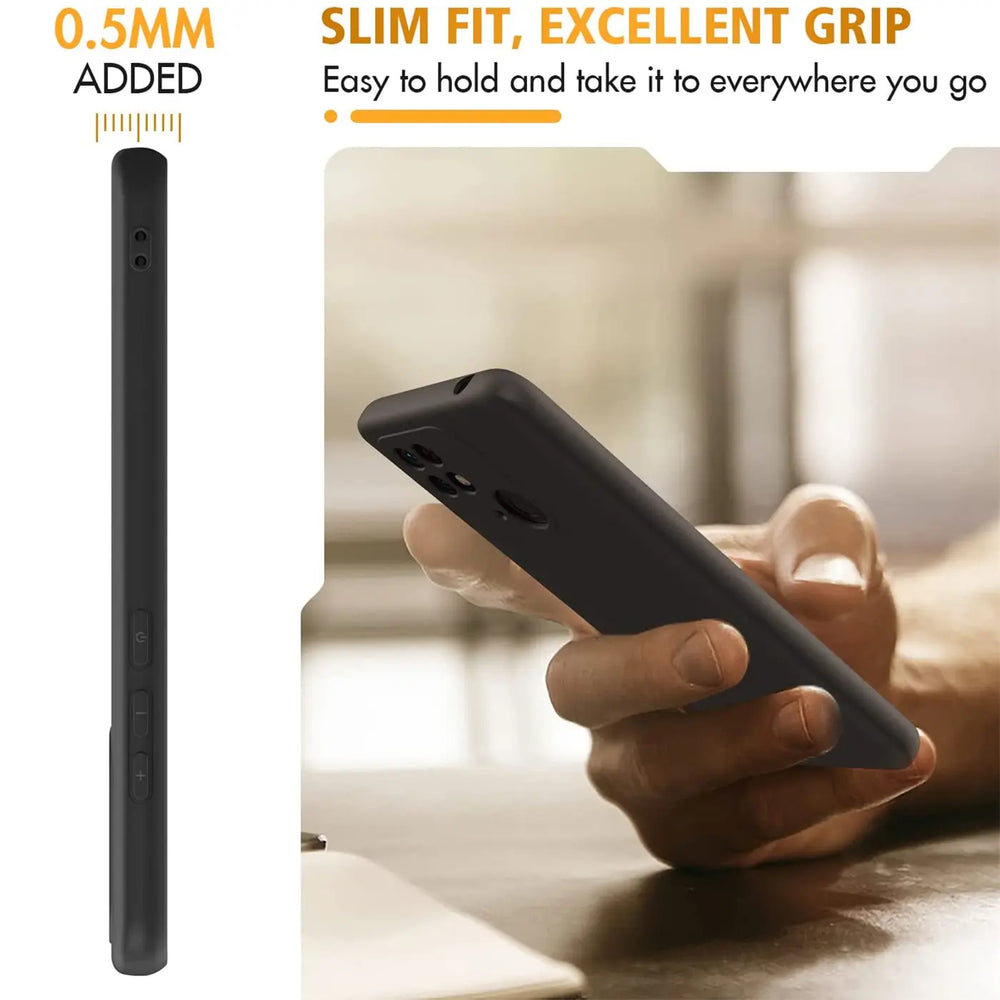 Schwarze, matte Silikonhülle für Xiaomi Redmi 10C, von der Seite und von oben gezeigt.