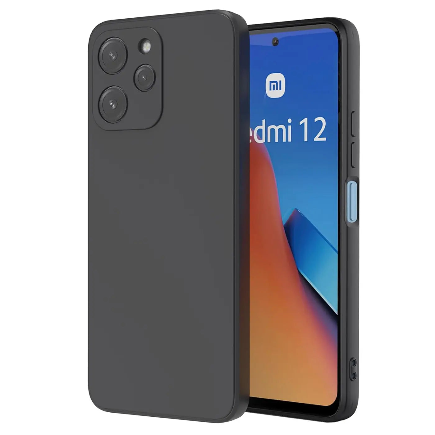 Schwarze matte Silikonhülle mit Xiaomi Redmi 12, von schräg vorne